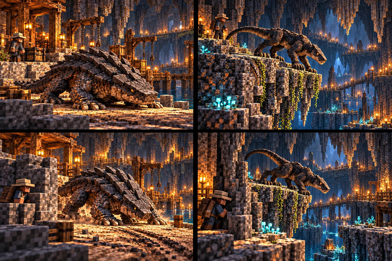 Slateback rests under a continuous Underreach cavern ceiling.; Slateback lowers its head in warning while an explorer uses stone cover.; Lean unarmoured Shelfstalker watches from a high ledge.; Shelfstalker compresses into a pre-leap crouch while an explorer stays behind cover.