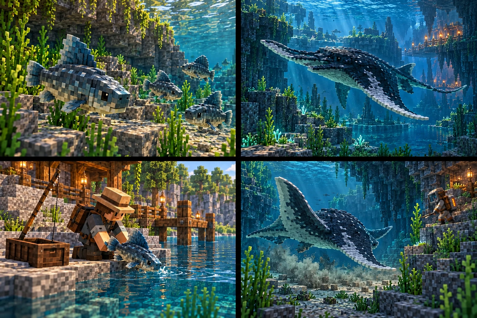 Rillfin with sturdy body and tall dorsal fin move in a clear-water group.; An explorer gently releases Rillfin from a stable bank beside an empty holder.; A broad pale-edged Veilray cruises through the water.; Veilray raises a fin in warning near an observer wearing a sealed cuboid helmet, visor and breathing tank.