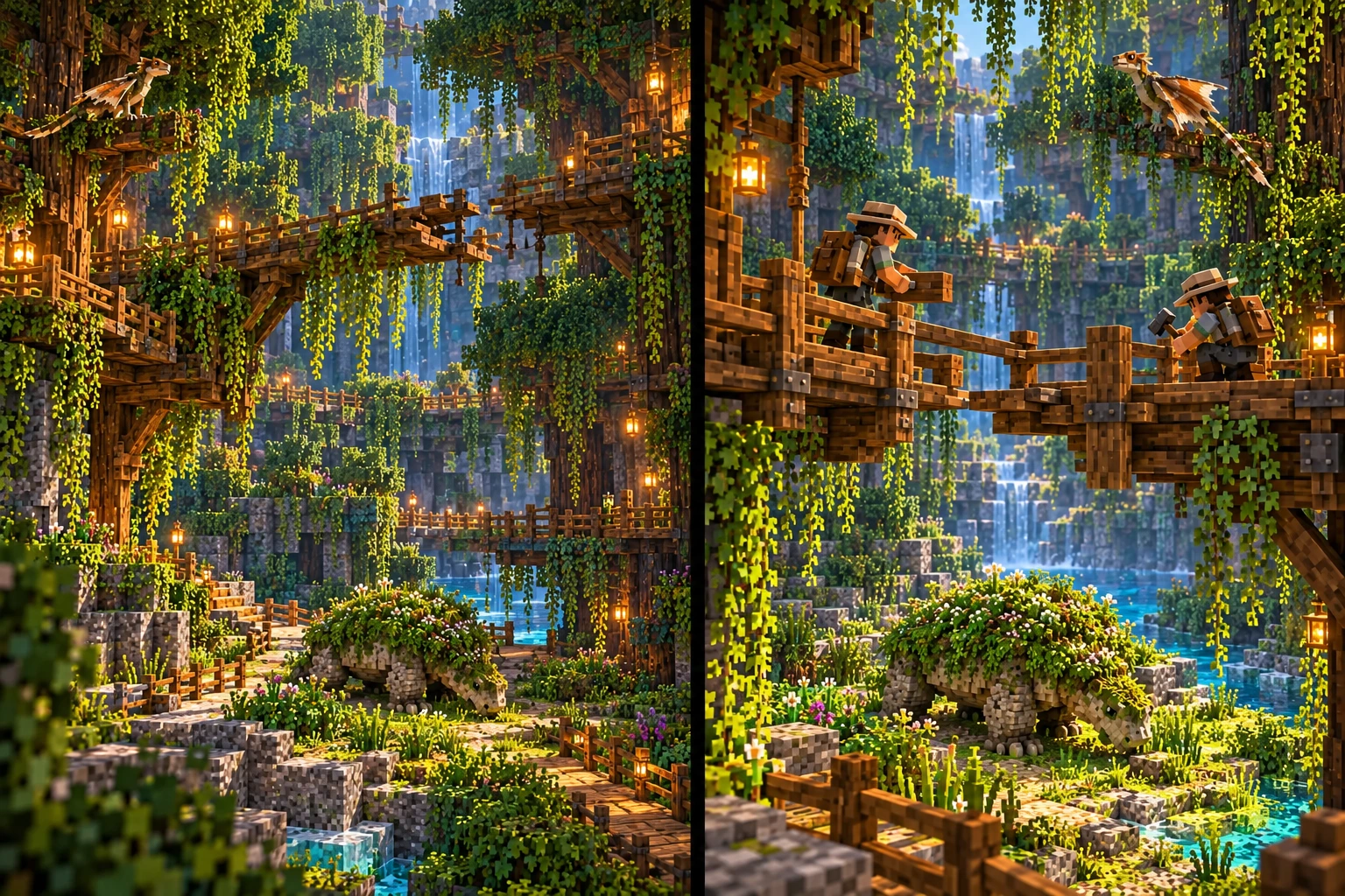 Damaged upper walkway, usable lower route, supported landings, a separate Mossback clearing and perched Canopy Skimmer.; Two Minecraft explorers fit a short supported crossing section while Mossback grazes in the clearing below and Canopy Skimmer perches overhead.