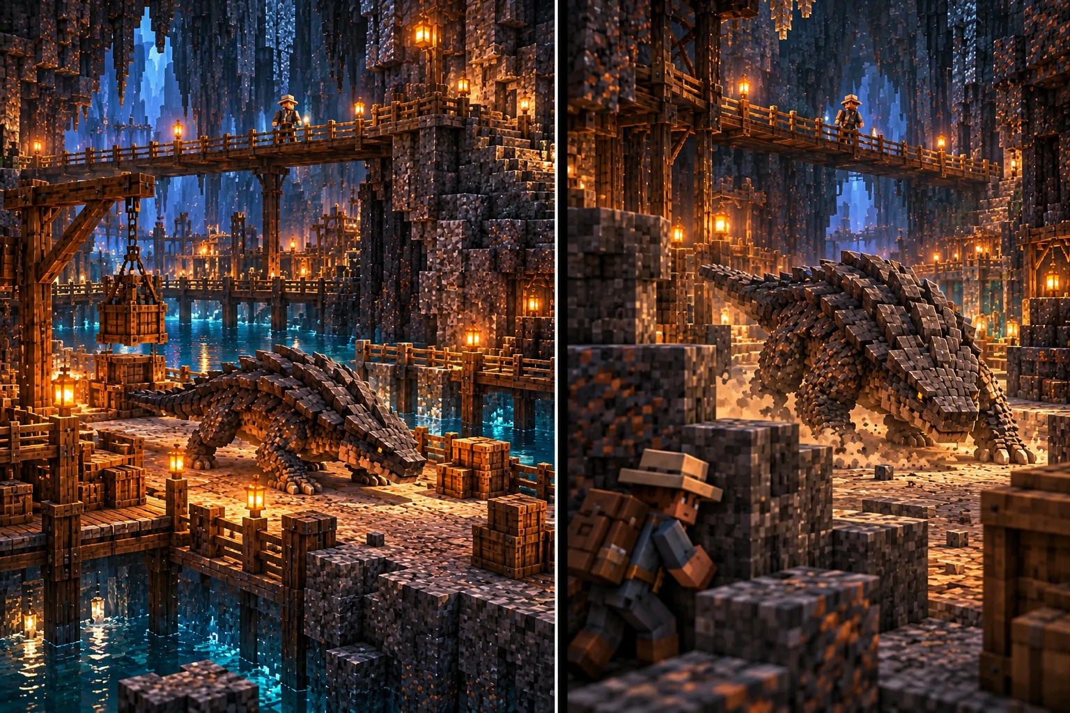 A broad Underreach freight landing contains Slateback, finite crates, stone cover and an elevated bypass.; Slateback advances in a straight charge with visible dust while a Minecraft explorer stays behind thick stone cover; the elevated bypass remains available.