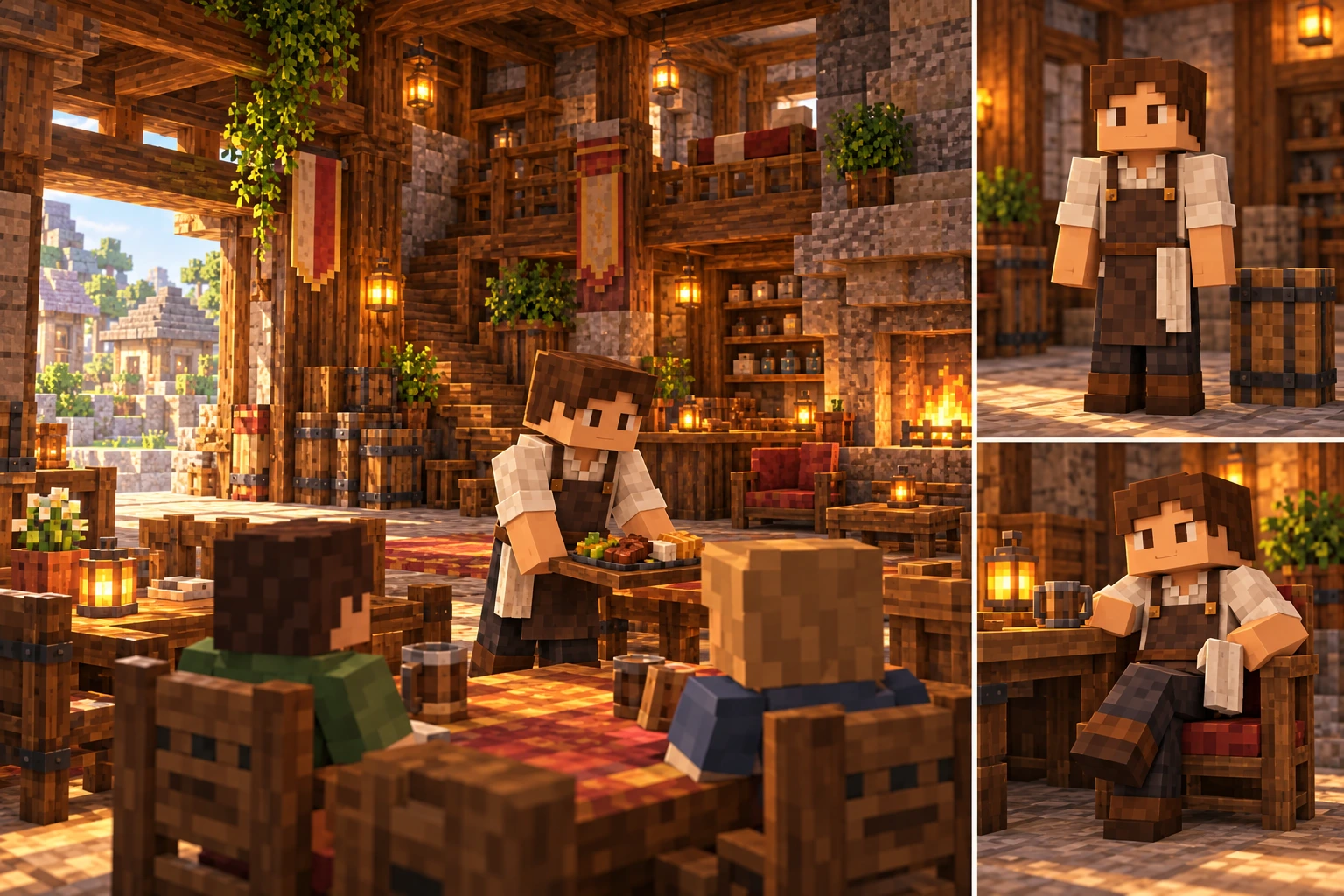 Innkeeper serves an ordinary meal in an inhabited guesthouse common room with entrance and storage visible.; Same Innkeeper role in neutral full-body stance with apron and cloth.; Same Innkeeper role rests in a familiar chair.