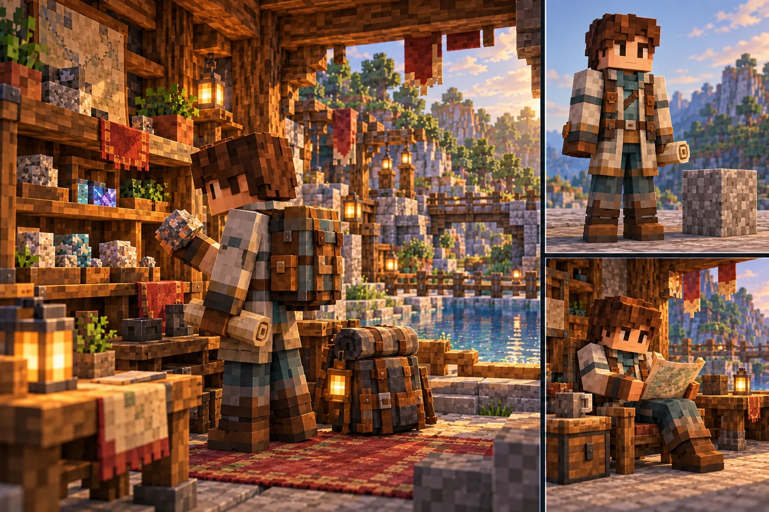 Traveler inspects a returned ordinary specimen beside a guesthouse display with crossing and packed bag visible.; Same Traveler role stands with coat, scarf, backpack and rolled route map.; Same Traveler role sits reading a physical map.