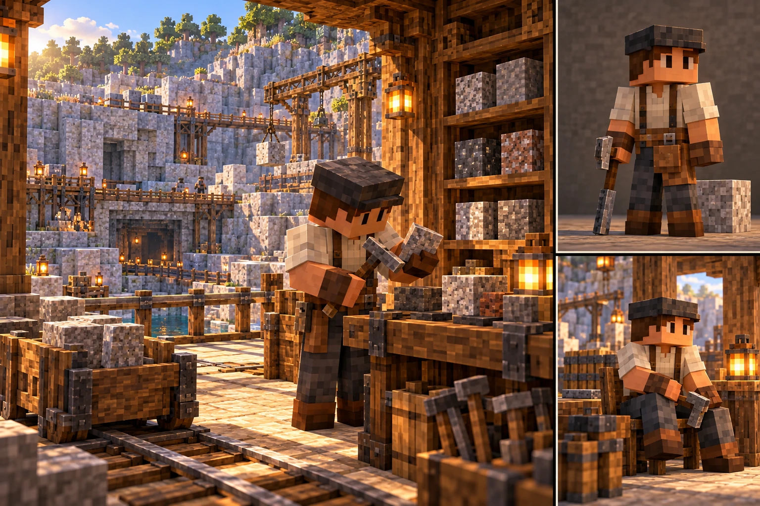 Mason role compares a stone specimen with a geological hammer at a sample bench; the quarry approach, a distant hoist and cargo receiver remain visible.; Same Mason role stands in work cap, belt, boots and hammer.; Same Mason role rests at the work edge.
