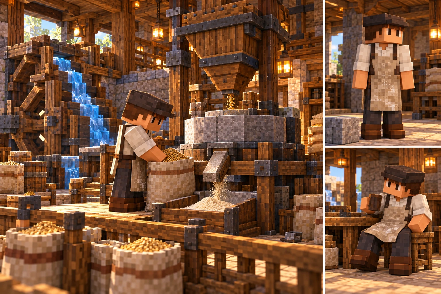 Mill worker inspects finite grain at a guarded grain mill with waterwheel, separate meal receiver and public collection edge.; Same Mill worker role stands with flour-marked apron and work cap.; Same Mill worker role rests in a chair.