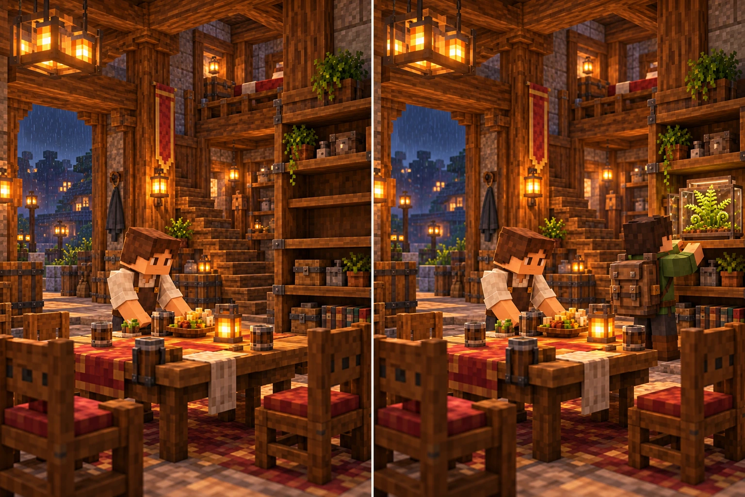 Innkeeper prepares an ordinary meal in the established room; the personal specimen shelf is empty and stairs lead toward an upper sleeping area.; The same room contains a returned explorer placing Springfern with curled shoots in a clear physical holder on the same shelf; common-table work continues.