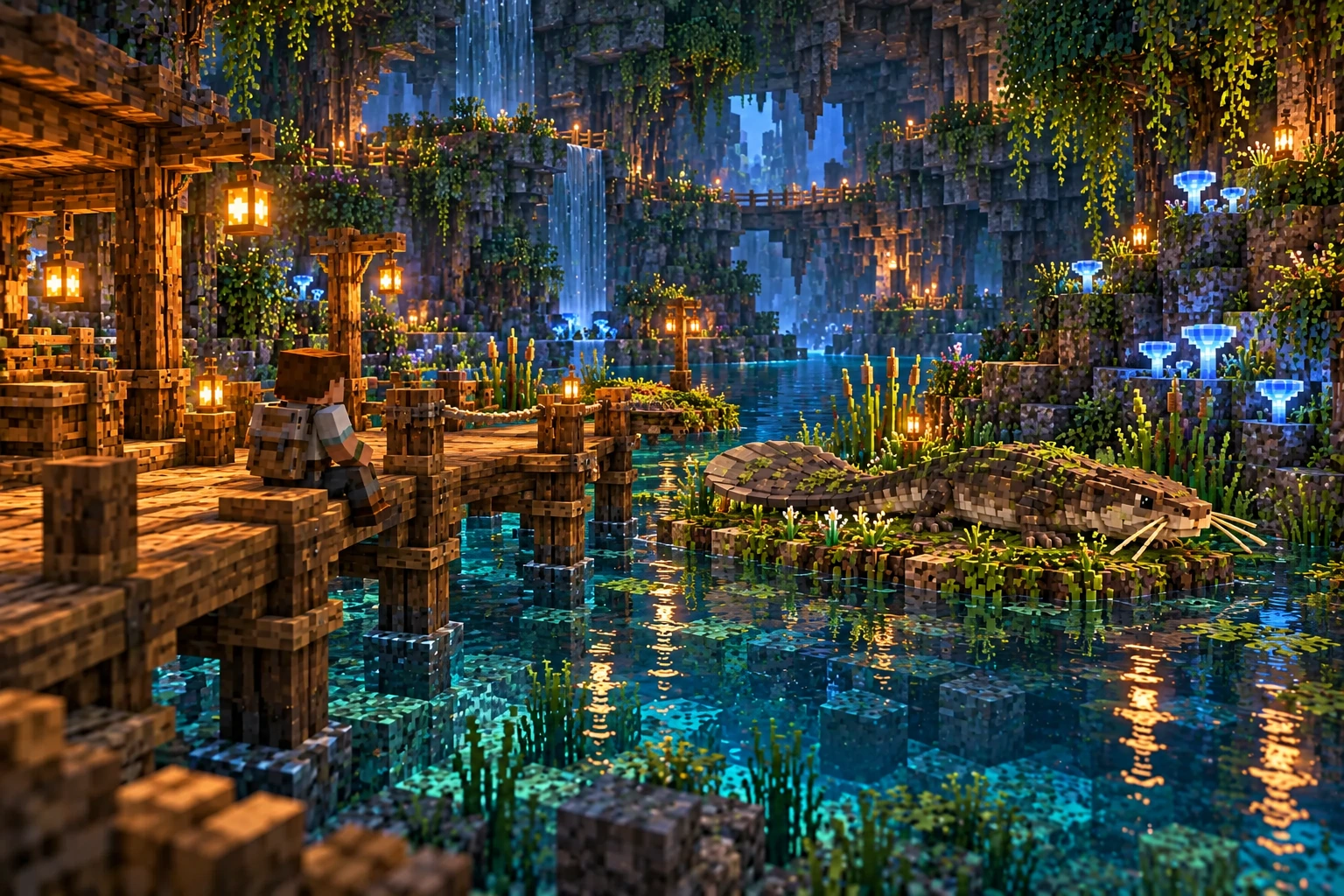A Minecraft explorer sits quietly on a clear timber dock whose supports leave an open water passage.; Full-body Fenpaddle rests on a separate planted bank platform with broad flat tail and long reedlike whiskers.; An unused small resting platform is visible beyond the human dock near the bank.; Distinct open Glowcup forms grow on damp stone beside the cove.
