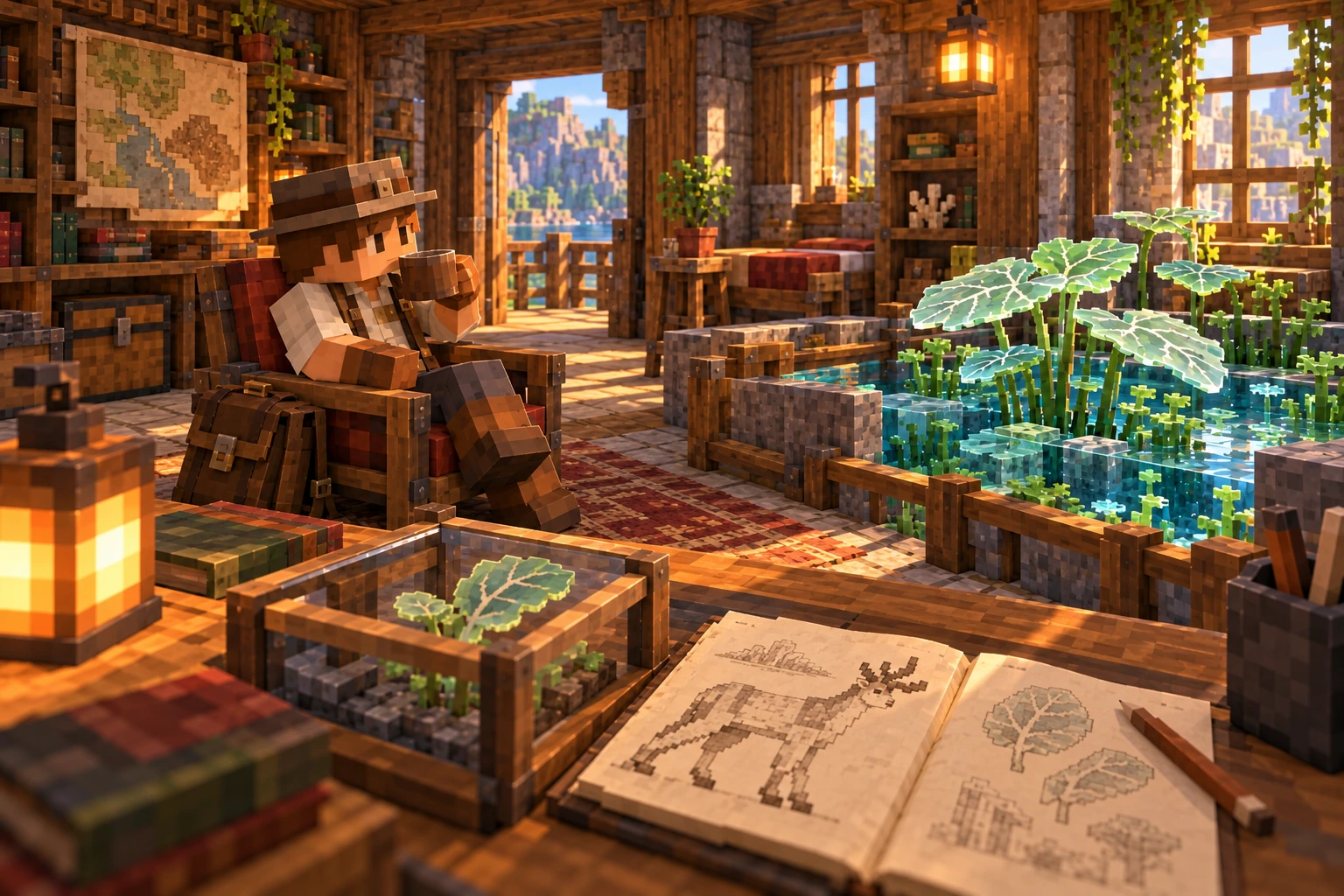 A Minecraft explorer rests in a worn chair within a practical home with bed, storage, maps and a clear doorway.; Broad pale-veined Glassleaf grows in a physically bounded clear-water home bed under ordinary daylight.; A smaller Glassleaf holder sits beside an open field notebook containing plant records and a simple Stillhorn sketch; no live Stillhorn is present.