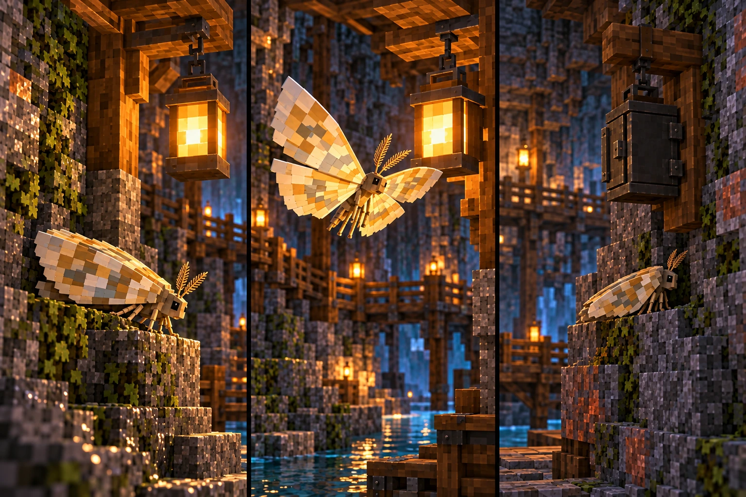 Wickmoth rests on a stone bracket with both patterned wings lowered and folded closely along its body.; The same Wickmoth family approaches an open warm route lamp with wings spread.; An opaque metal shutter covers the lamp while Wickmoth rests away with fully folded wings; no closing actor is visible.
