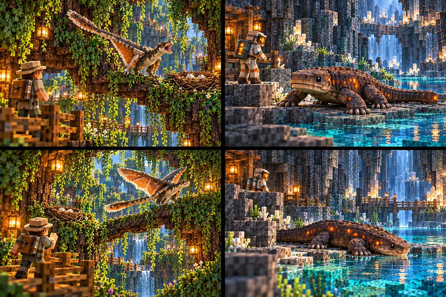 Canopy Skimmer grips the nest branch, head lifted and mouth open toward the observer; membranes raised in a departure warning.; Observer backs away below the nest; Skimmer moves along a separate perch with membranes extended.; Emberback faces the thermal-suited observer with broad forefeet planted and low body, beside a quiet cool pool.; Observer stands back behind a stone edge; Emberback relaxes flat along the pool margin.