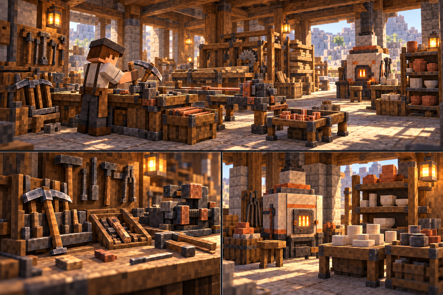 Three cinematic Minecraft workshop panels show pickaxe repair, retained tool and timber stock, and kiln vessels.