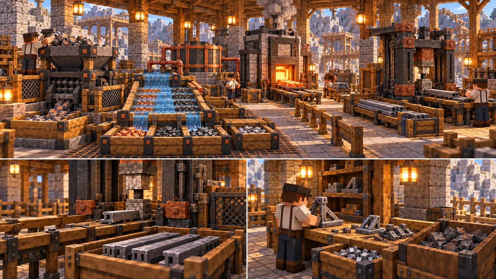 Three Minecraft panels show a crusher and washing table beside a forming press, a stopped press with retained output, and a worker sorting reusable brackets from offcuts.