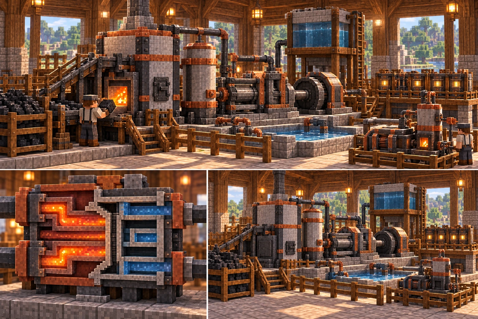 A block-built boiler, engine and condenser plant with stock and power bank, a two-loop exchanger cutaway, and the same installation stopped.