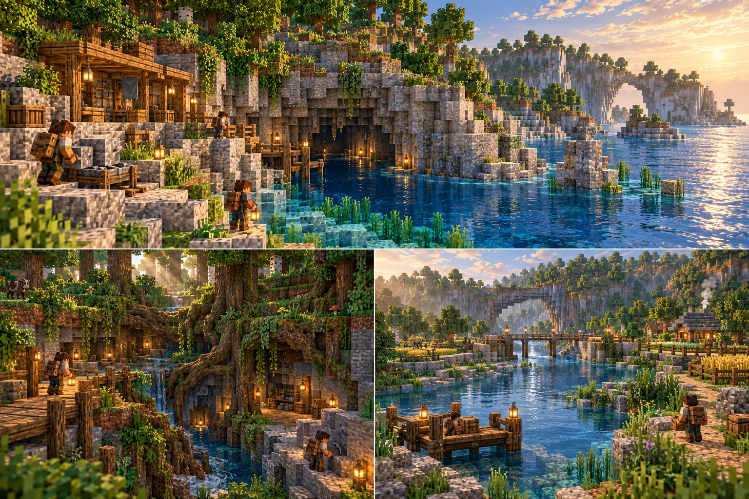Overworld — Bluewater Quarry Coast, Rooted Uplands, Rivergate Country. A pale terraced quarry faces a sheltered blue cove. One worker handles a finite stone block beside a dry office depot, another carries supplies on the terrace, and a lamp-bearing observer inspects the waterline above the darker optional cave continuation. Large roots connect forested hills and broad stone arches over a stream that falls into a visible lower continuation. A dry railed route joins lit storage alcoves; a worker opens a modest stone path while another follows the known ledge. A broad river bends beneath a natural rock arch past farms, high banks and modest houses. A short supported bridge and a loaded shore landing connect the near path to the farm/depot route; a traveler carries a finite provision case along firm stone.