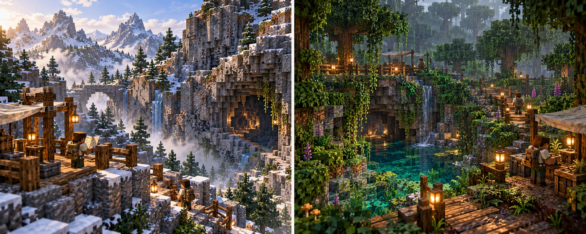Overworld — Windscar Heights, Rainwood Hollows. A snowline mountain face and protected bowl frame a real illuminated passage. One traveler checks a physical map at an old supported survey platform while another follows the railed marked descent; pale stone and familiar dark/warm ore flecks remain distinct from snow. Rain falls through dense woodland above pale-stone hollows, fern-lined water margins and a small cascade. Raised ordinary steps and short walkways connect dry positions; a worker examines a finite potted plant at a modest field shelter while another follows the marked approach.