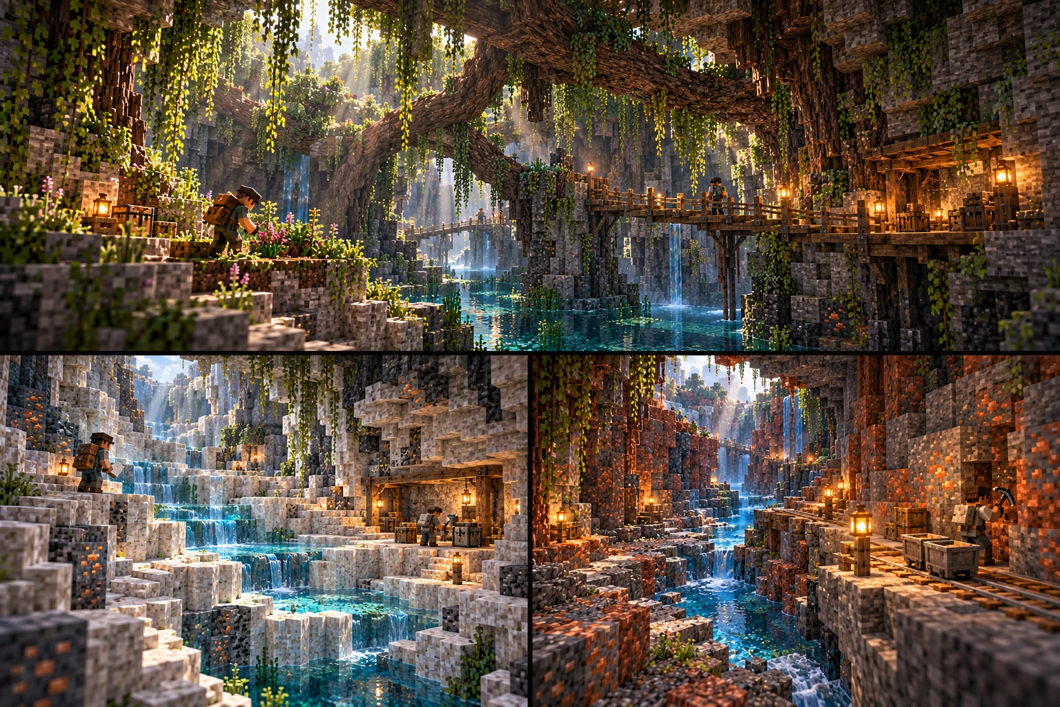 Shallows — Rootlace Galleries, Chalkstep Terraces, Copperwash Channels. Broad roof roots arch over a mossy stone-and-soil ledge and contained water. A worker bends to a small cultivation patch while a braced wooden walkway connects dry shelves to a modest lit supply alcove. Pale shelves descend around a shallow cascade, with dark contrasting ore seams and a visible dry rim. One worker surveys from the upper terrace and another handles building material inside a secure lit alcove. Warm common-metal exposures follow a worn channel wall above an active blue stream. A worker opens a modest face beside finite crates and a loaded minecart on a supported dry transport cut.