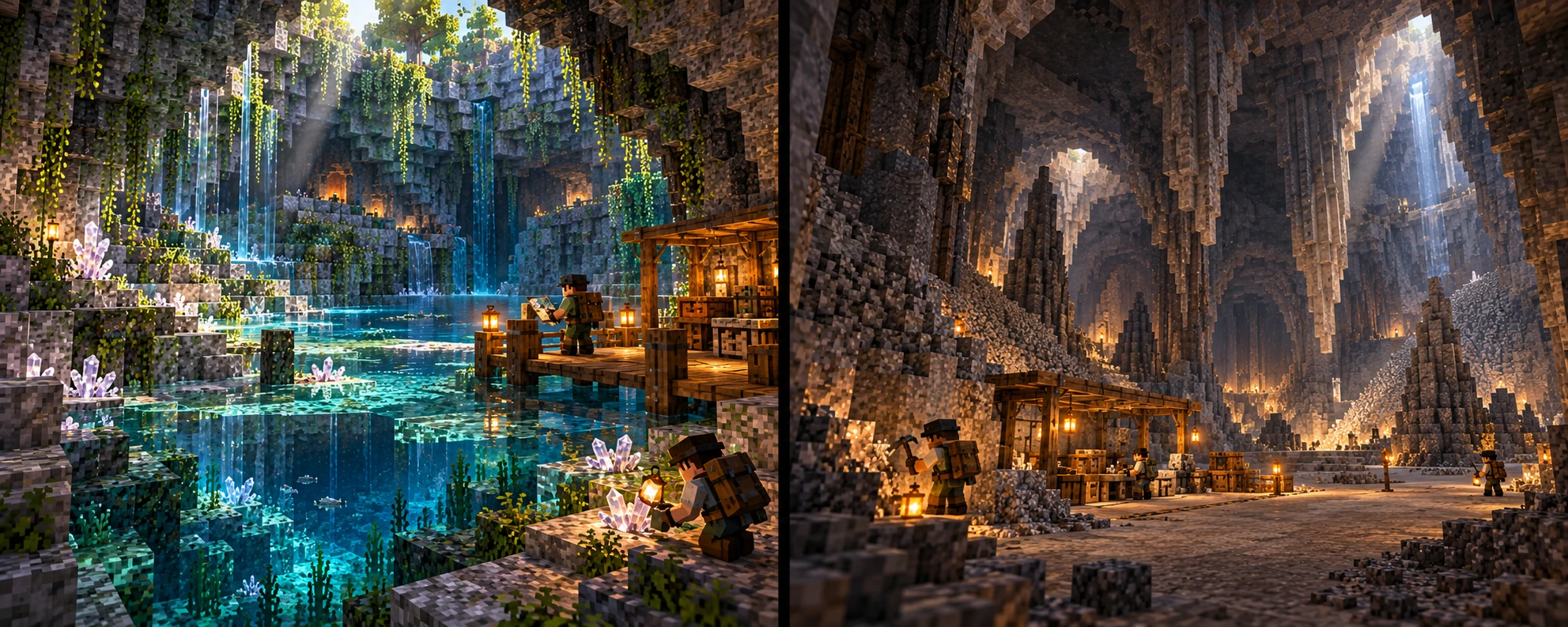 Shallows — Glasswell Pools, Drybell Vaults. Clear stepped pools lie below real roof openings, with pale waterline crystals and distinctly deeper darker branches. A kneeling worker inspects an accessible crystal on dry stone while a second surveys from a short supported dock beside a modest supplied shelter. A broad dry floor sits beneath vaulted stone domes and narrow light chimneys. A worker takes aggregate from a bounded near face, a staffed communal work position holds real stone and crates, and plain open floor leads past the marked work area.