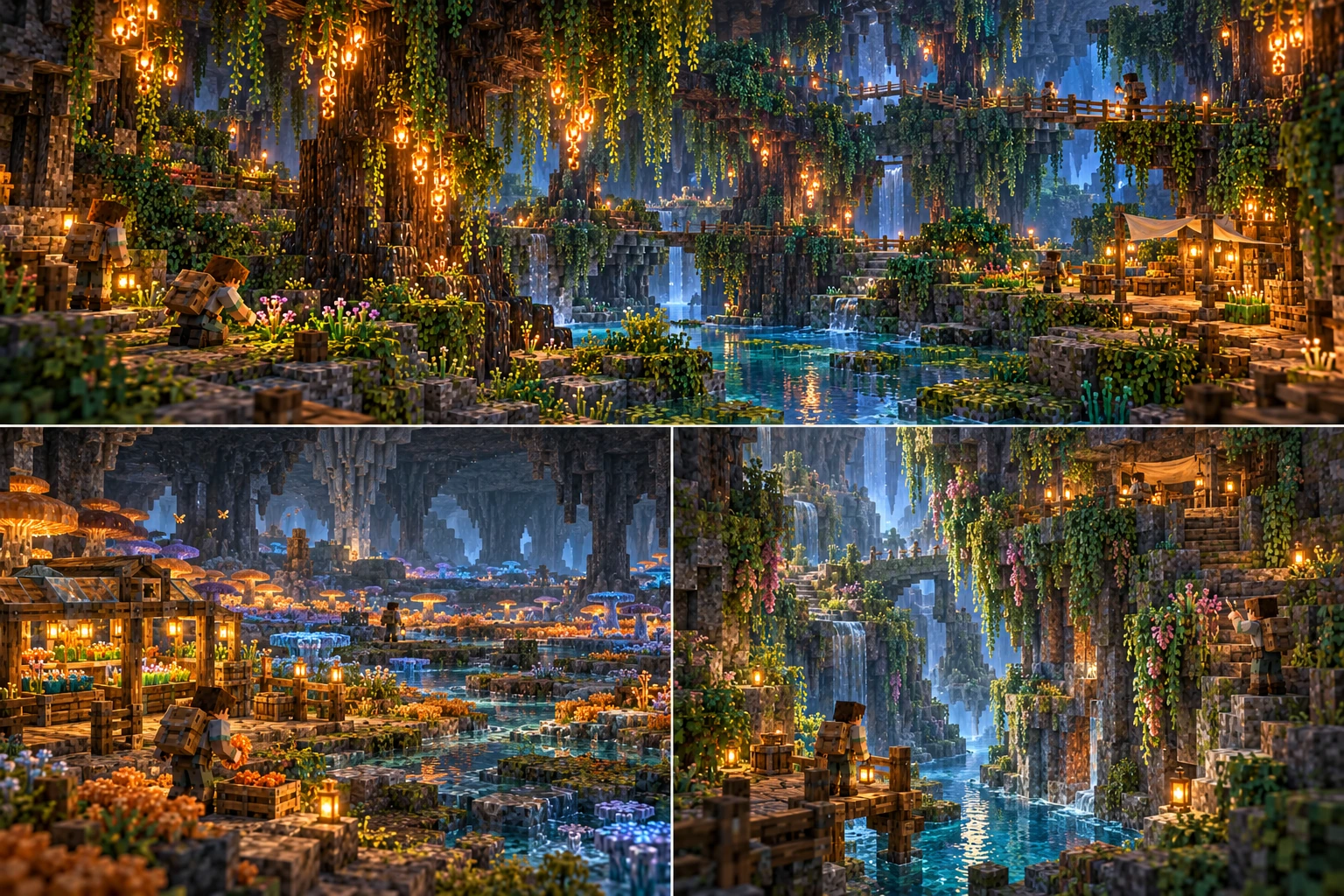 Deepwilds — Lanternroot Forests, Sporemeadow Basins, Hanging Gardens. Tall dark root columns carry localized warm hanging growth above broad stone shelves and clear pools. A worker collects a small cultivation portion beside a finite container on the lower clearing; the ordinary route connects to a higher supported viewpoint and modest supplied work position. Low amber and muted-blue fungal patches surround shallow channels and scattered rock beneath a vault. A worker places a finite harvest in a real crate beside a restored glass-and-timber growhouse, while plain stony strips separate the patches. Vegetated shelves and mineral-streaked rock ribs rise above a narrow river. A traveler uses the lower supported landing while a second reaches a plant at an accessible shelf edge; short bridges and steps continue toward an upper balcony shelter.