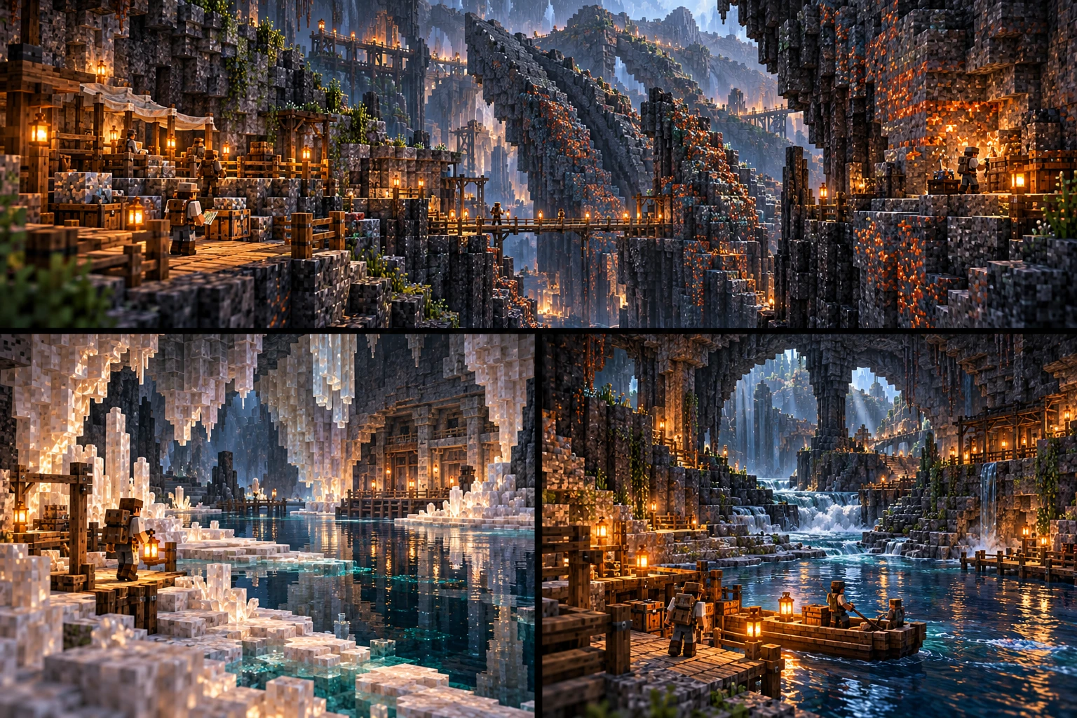 Underreach — Ironfold Ridges, Saltmirror Halls, Blackriver Galleries. Broad folded dark rock ribs divide parallel steep valleys, exposing warm metal seams and rubble faces. A near worker surveys from a stocked protected camp shelf; a supported short bridge links the camp to an active selected working face across the gap. Pale mineral crusts and reflective facets enclose a still dark pool beneath cleaner vaults. A lamp-bearing surveyor stands on a supported dry margin, with an intact storehouse and ordinary shore approach visible across the pool. A substantial underground river passes stone arches, former-bank shelves and warm supplied docks. A bounded boat carrying finite crates is handled at the near receiving position while a separate supported shore route reaches other secured stops; a local rapid is visible farther upstream.