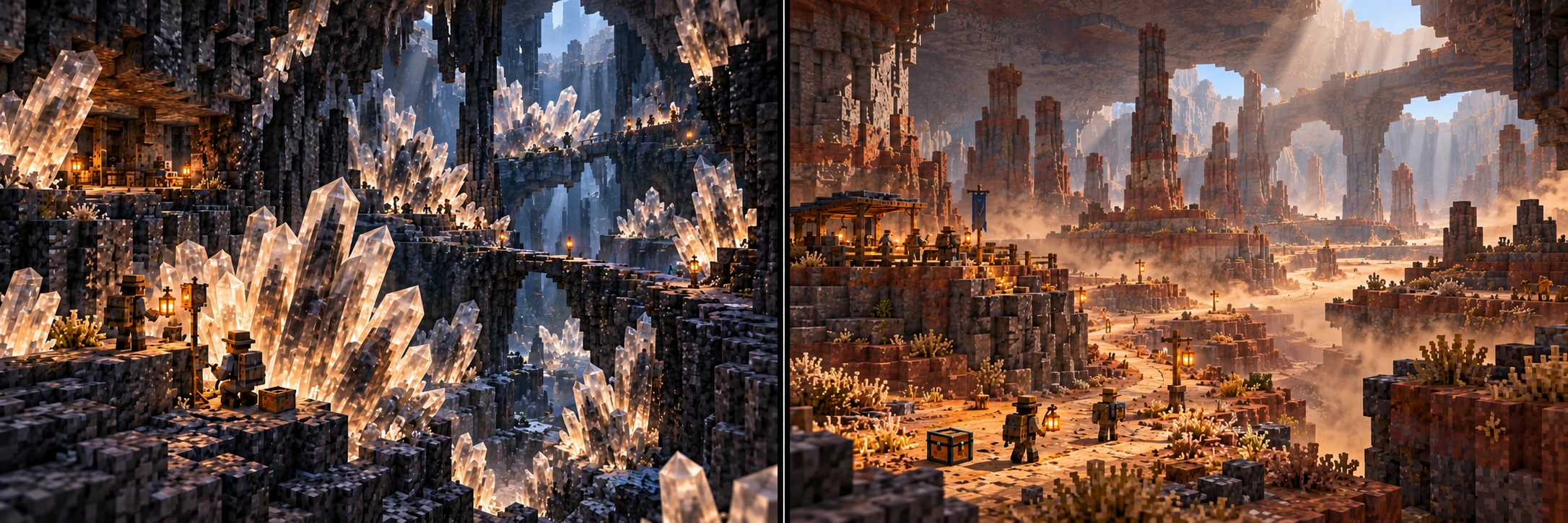 Underreach — Echoquartz Fields, Dustroad Expanse. Pale outer crystal fans with smoky inner masses rise from dark fractures beside ordinary stone ledges. Two surveyors compare a bounded instrument position next to one closed sample case, while a plain pocket refuge remains outside the densest formations. Broad dry floors and shallow gullies lead between distinctive pillars and a stocked ordinary rest stop. Two travelers follow physical route lamps beside one finite closed crate while localized dust occupies lower gaps and sparse shelter islands remain distinct.