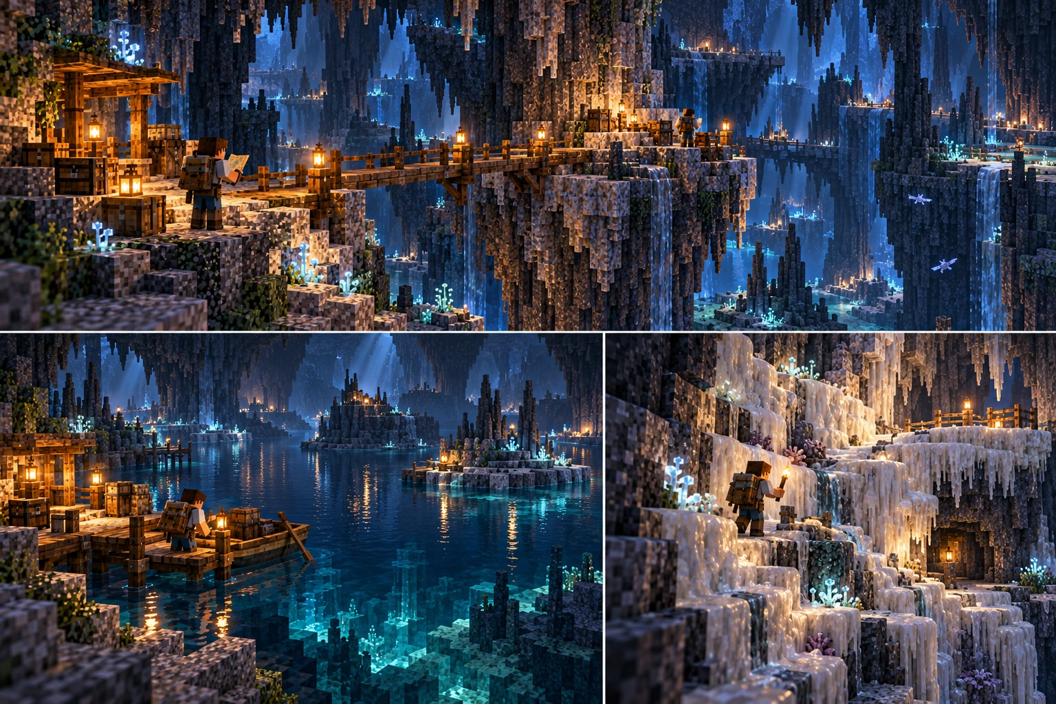 Abyss — Pillarfall Reaches, Stillsea Basin, Moonmilk Shelves. Massive irregular columns divide a deep cavity into connected shoulders and distant shelves. A surveyor reads a physical map from a broad supplied landing; a short supported bridge reaches another staffed shoulder holding finite cases, with further ordinary lamps marking the route. A large dark lake surrounds recognizable mineral islands with sparse luminous shoreline growth. A loaded boat rests at the supplied near dock, facing lit island staging points; submerged terraces are visible near shore while deep open water stays darker. Pale flowing-looking mineral terraces contrast with dark walls and shallow seep grooves. A torch-bearing traveler climbs a broad deliberate shelf route toward a lit upper balcony, while a darker protected side opening appears below the pale formations.