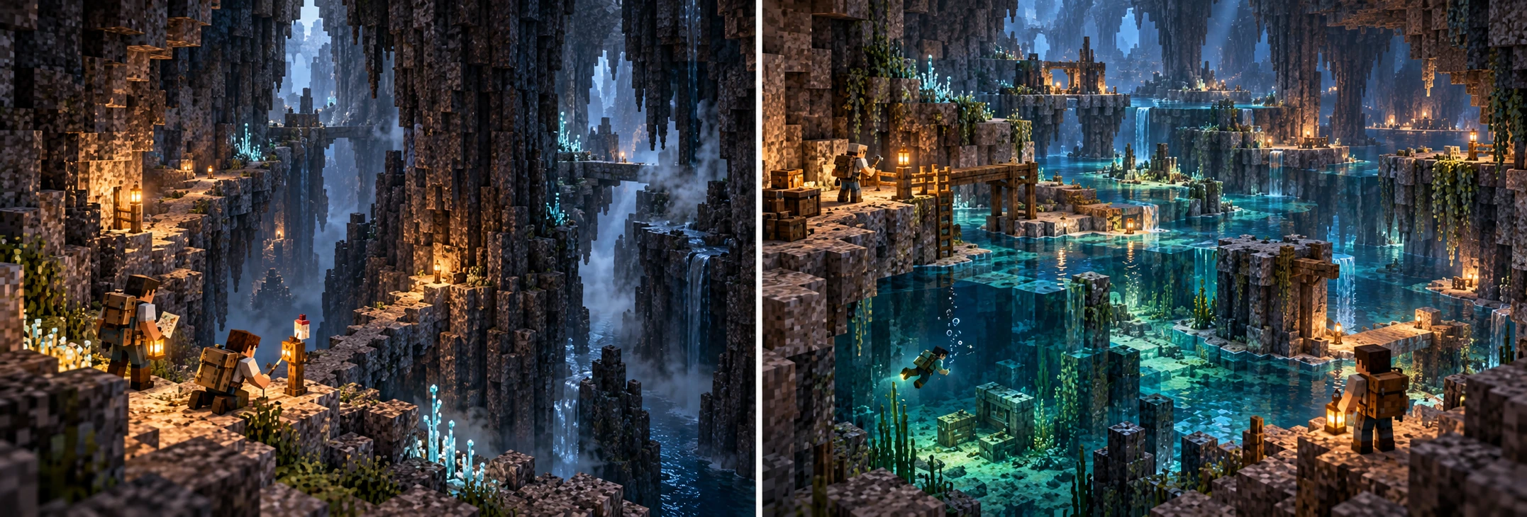 Abyss — Whisper Chasms, Drowned Stair Country. Parallel narrow clefts open between dark stone ribs, sparse pale growth, intermittent trickles and local mist. One worker installs a physical marker on a dry ledge while another compares the map; separate ordinary ledge routes remain visible on both sides of the rib. A stepped sequence of bounded pools alternates with dry mineral shelves, warm route lamps and short supported timber connections. An upper worker tends a connecting section while another surveys from a dry landing; a small underwater explorer occupies an optional lower pool branch.