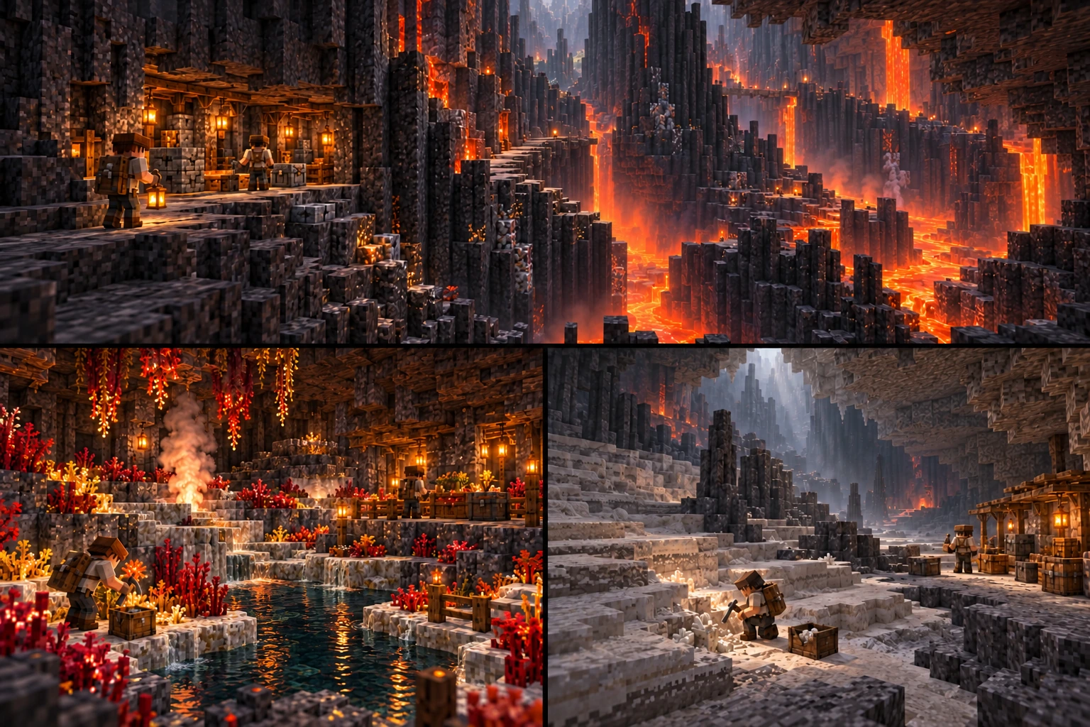 Mantle — Basalt Steps, Ember Gardens, Ashen Hollows. Broad dark terraces and broken basalt columns descend beside contained hot channels. A staffed materials/work shelter occupies the recess behind a thick rock rib, with finite stone stock and broad continuous outside steps; the formerly floating hot shortcut is absent. Sheltered red/gold tough growth surrounds dark reflective warm mineral water and pale stepped rims. A kneeling worker gathers a finite ingredient batch on the cooler dry edge beside a closed crate, with a modest protected growing position and a small bounded vent farther back. Layered pale dust banks surround dark stable rock islands in a quiet dry chamber. A kneeling worker gathers selected pale additive into one finite crate, while a separate supplied storage shelter stands on a clear stable ledge away from the local bank.
