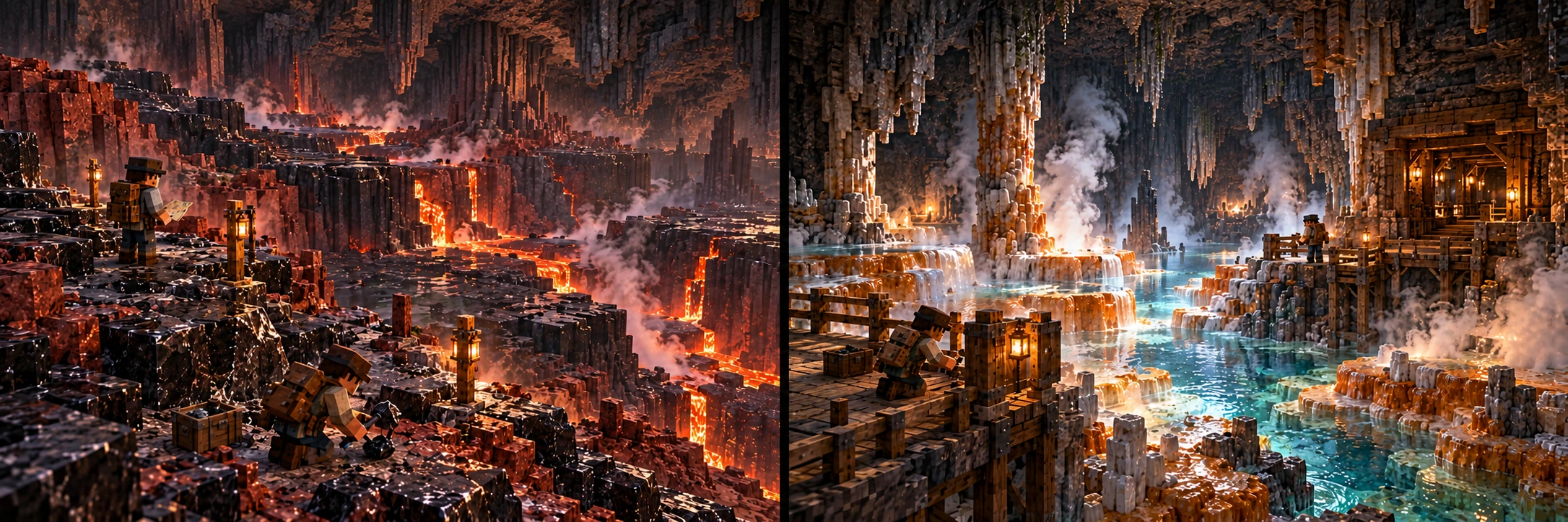 Mantle — Redglass Margins, Steamvaults. Cooled black glass and red-brown fractured stone occupy a high ordinary ridge within a vast enclosed basalt chamber. A kneeling worker samples one selected glass face beside a finite case while a second surveys the route against physical markers; active fissures remain visibly lower and bypassable. Large enclosed roof pockets shelter warm mineral pools, wet shelves and distinct vent openings with local white mist. A kneeling worker restores one shielding section from a supported platform; a second surveys beside the modest dry gallery refuge and clear outside route.