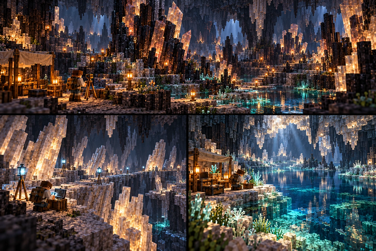 Core — Heartglass Groves, Pale Resonance Fields, Stillwater Sanctuaries. Dark thick mineral clusters rise around small pools in an enclosed chamber, with warm translucent projecting edge planes. A worker surveys a repeated formation from an ordinary stone clearing beside finite study cases and a modest camp; physical lamps mark the gentle return route. Rhythmic pale mineral ribs and seams cross broad stone shelves. A worker records a visible response at a finite instrument case while a short series of distinct supported survey stations follows the ordinary route across selected formations. Exceptionally clear contained water reflects an enclosing pale-edged roof and sparse mineral islands. A worker tends a small approved cultivation specimen at a modest dry research landing with finite cases and shelter; restrained shoreline growth and ordinary fish remain beside optional deeper water.