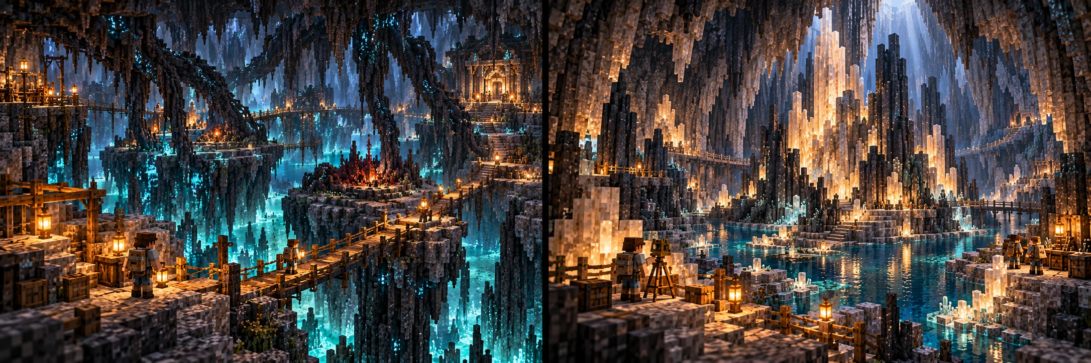 Core — Blackroot Islands, The Heart Chamber. Dark rootlike structures stand on separated stone islands beneath a continuous enclosing cavern roof. Recessed cool-lit fissures remain below a sequence of plain landings and supported timber bridges. A worker occupies a bridge joint beside the supplied near landing; the usable main connection passes a reddish island with physical boundary markers and continues toward a protected lamp-lit opening. A concentrated group of dark mineral pillars and warm pale ribs rises from a broad supported stone island within an enclosing cavern. Quiet pools, substantial foreground shelves and side ledges surround the landmark. A worker uses a tripod survey instrument beside finite cases, stacked supplies and ordinary warm lamps; physical stairs and railed connections preserve an approachable route around the central formation.