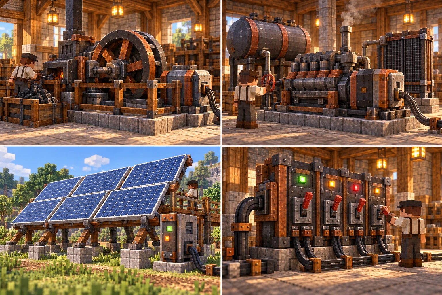 Sources and distribution remain traceable: a driven dynamo, prepared-fuel engine, site-dependent solar array and branch switchboard.