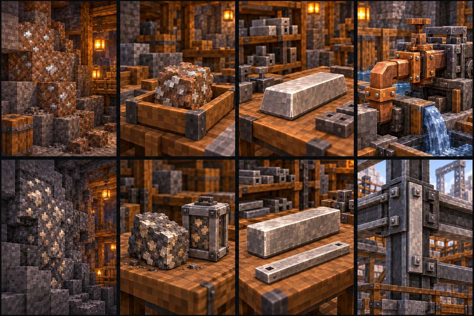 Pale-flecked dull brown tin seam in a substantial worked stone excavation.; Tin-bearing brown stone specimen in an open finite wooden tray.; Single pale tin ingot on a workshop bench.; Chunky bronze elbow and valve fitted to a working water pump.; Muted warm-silver nickel inclusions in dense darker host stone.; Nickel-bearing fragment beside a handled protective carrier.; Warm-silver prepared bar and separate perforated reinforcement strip.; Bolted inset reinforcement strip across an existing load-frame corner.