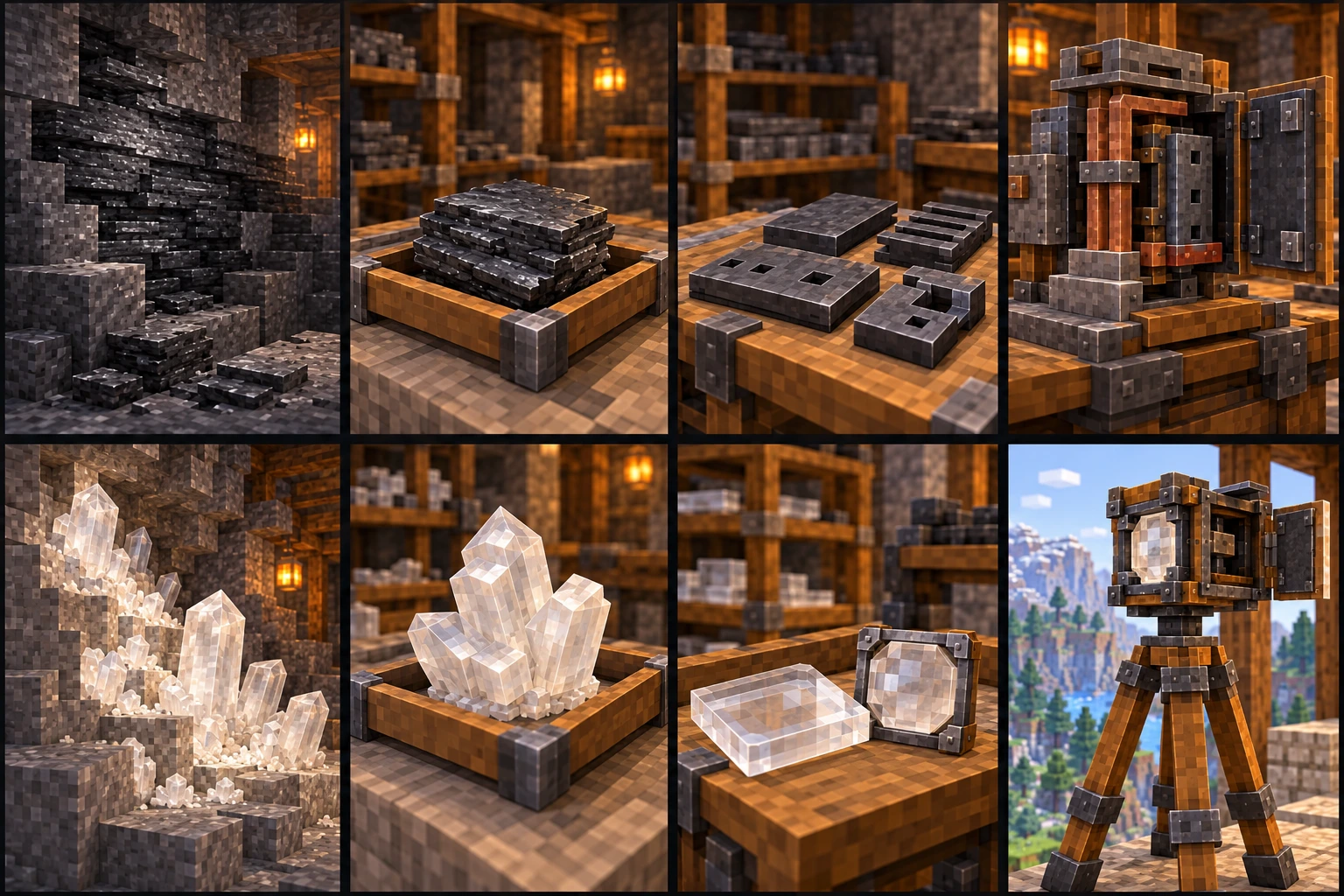 Broad layered dark graphite seam exposed in host stone.; A finite layered graphite fragment on a wooden tray.; Separate flat dark prepared service inserts with simple holes and stepped shapes.; Dark replaceable inserts mounted in a practical copper/stone service assembly.; Milky-clear block crystal pocket under a rock ceiling.; A carried cluster of milky-clear quartz forms in a tray.; Flat clear optical insert and a separately housed pale lens.; Square optical instrument with visible fitted lens on a sturdy tripod.