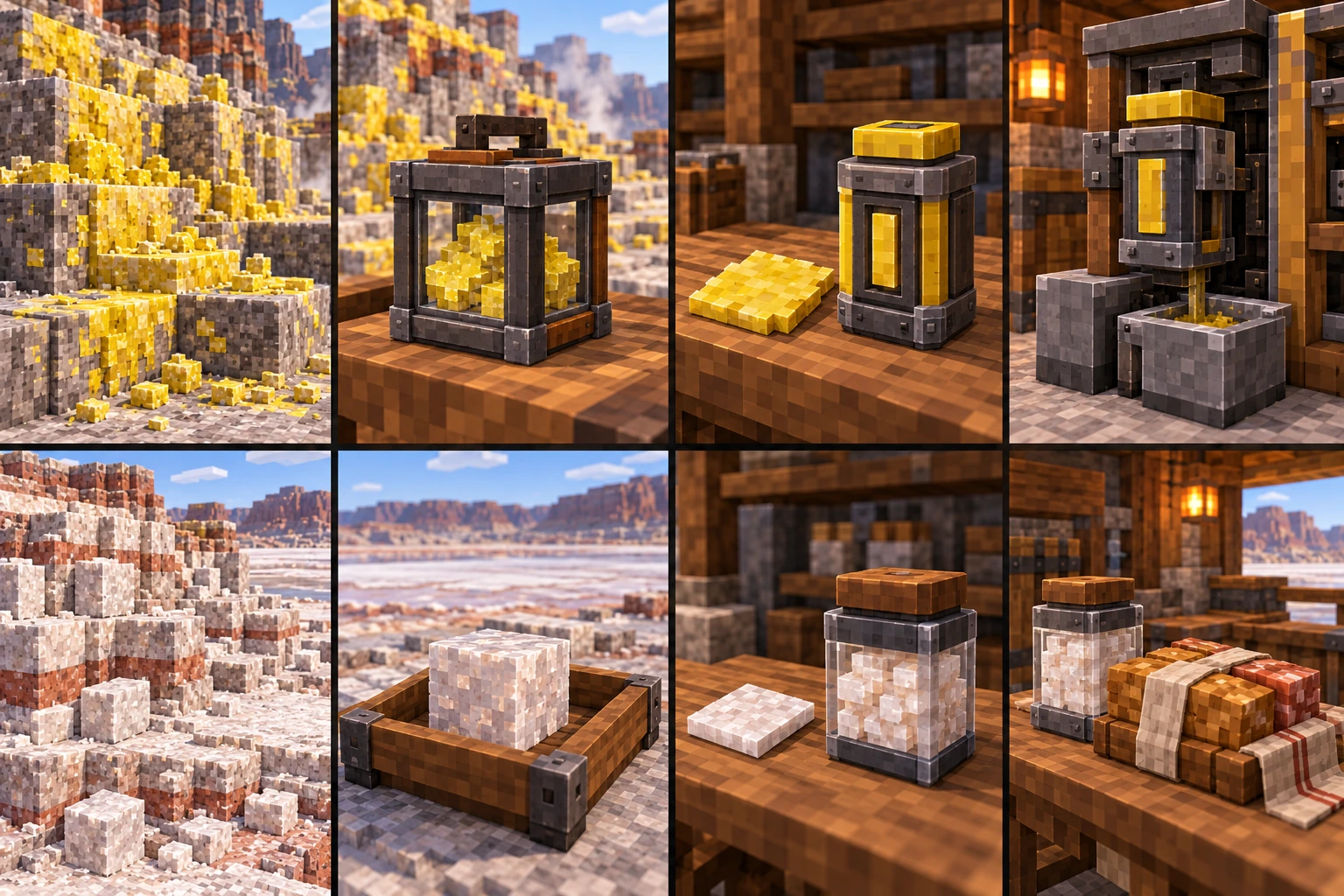 Broad yellow sulfur crust patches on a dry stepped mineral bank.; Finite yellow crust pieces inside a closed clear-sided square carrier.; A flat yellow reagent item beside a closed yellow-marked cartridge.; A replaceable yellow cartridge in a service station above a finite yellow-material cup.; Pale cubic rock salt layers in a dry basin.; One pale salt block specimen in a tray.; Flat salt item beside a capped filled jar.; Capped salt jar beside wrapped provision bundles.