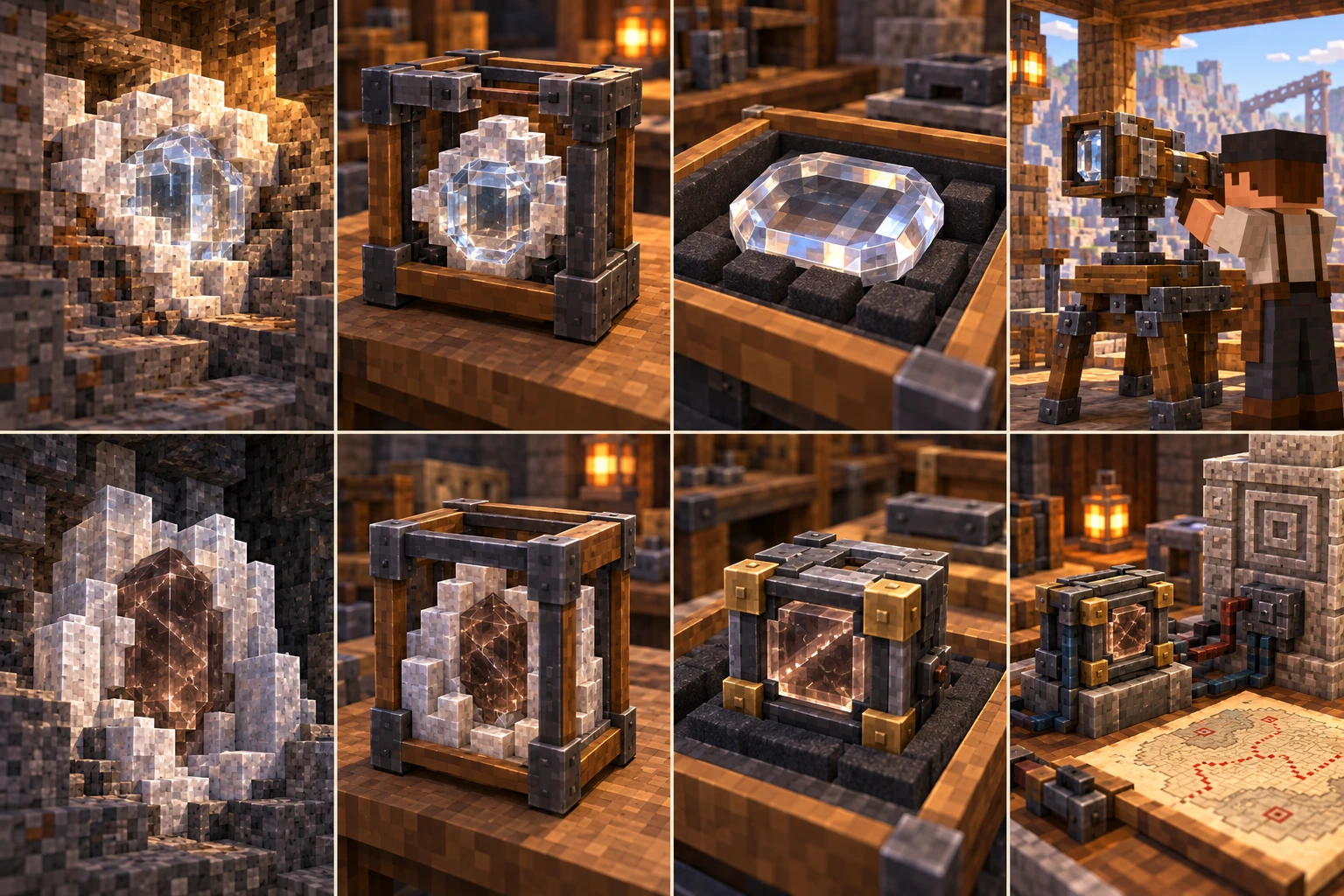 Clear-centred Lens crystal enclosed by a stepped pale surrounding growth.; Intact clear-centred specimen held in a square protective carrier.; Distinct faceted optical insert on a padded tray.; Minecraft observer uses a housed optical survey instrument on a substantial tripod.; Pale outer resonant quartz growth around a smoky dark core with quiet internal lines.; Intact smoky-centred resonant specimen in a protected square carrier.; Prepared smoky insert in a plain square instrument housing.; Housed component connected to one local stone-device interface with an ordinary physical route map on the bench.