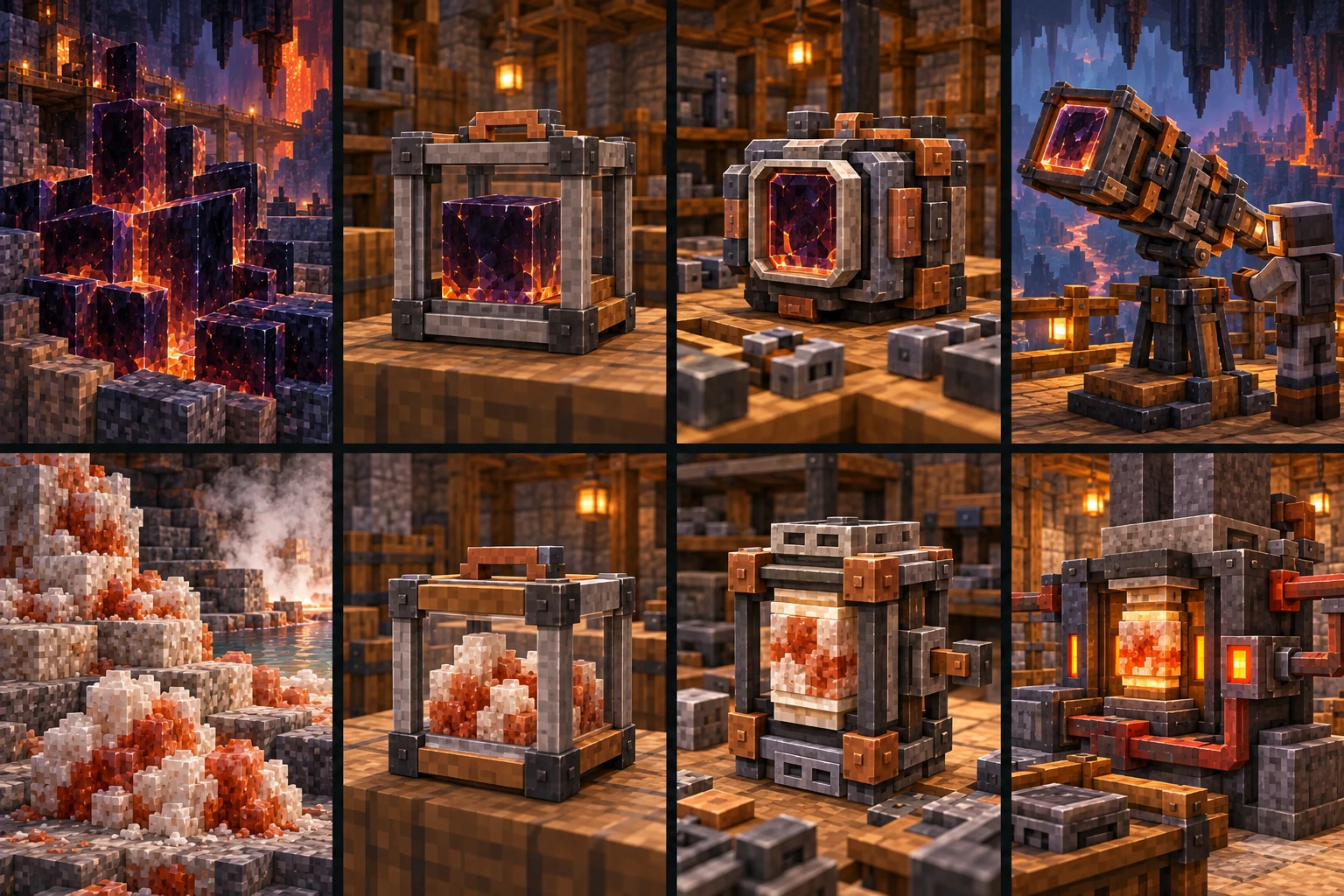 Thick dark Heartglass formations with warm internal planes beneath a substantial Core cavern.; Solid dark Heartglass fragment inside a closed framed carrier.; Prepared dark optical/thermal element held in conventional metal fittings.; Protected Minecraft observer uses an advanced housed Heartglass instrument from a supported stage.; Rust-white thermal salt clusters beside mineral crust and a warm pool margin.; Finite rust-white crystal sample in a closed square carrier.; Prepared thermal insert surrounded by earlier metal fittings and an ordinary side connection.; Thermal insert installed in a practical service station with local illuminated service indicators.