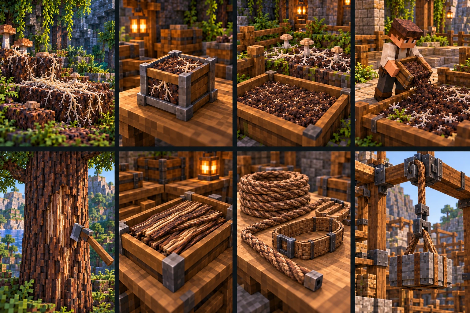 Pale fungal network on dark loam blocks in a retained small source plot.; A finite substrate sample held in an open-topped framed container.; Finite ordinary loam receiver in front of a separately retained living plot.; Minecraft worker pours a finite ordinary loam tray into one bounded cultivation patch.; Ironbark trunk with a narrow stripped edge and practical cutting tool.; Finite broad bark-fibre strips collected in a tray.; Prepared thick rope coil and a squared strap with ordinary fastener.; Rope and hook suspend one finite cargo container on a supported hoist.