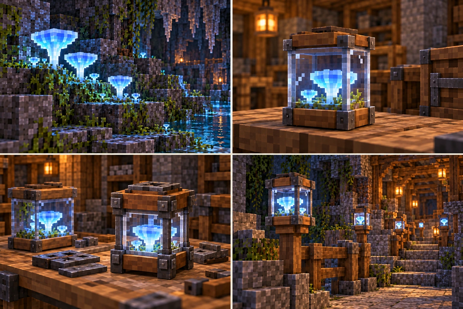 Cup-shaped cool-colour biolume colony on damp stone near water.; Small colony inside a closed square framed jar.; Separate culture jar and serviceable lamp housing on an ordinary workbench.; Physically housed living route markers fixed along a maintained stone path.