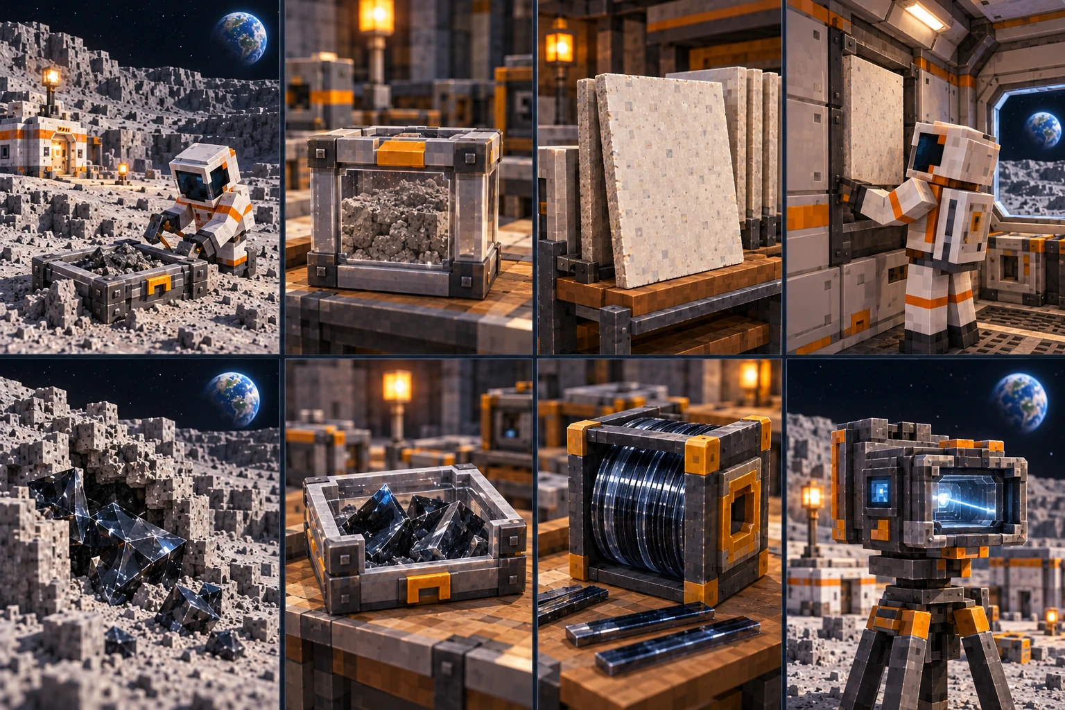 Properly suited Minecraft worker gathers finite lunar regolith into an imported tray near an existing refuge.; Coarse regolith feed inside a closed square specimen container.; Pale manufactured ceramic panels stacked on a workshop rack.; Suited worker fits a removable ceramic insert inside an already supplied lunar habitat.; Dark impact-glass shards in a lunar regolith pocket.; Finite dark glass shards retained in a framed sample tray.; Square spool of dark prepared filament with broad guide strips beside it.; A housed local optical/light-guide instrument on a supported tripod.