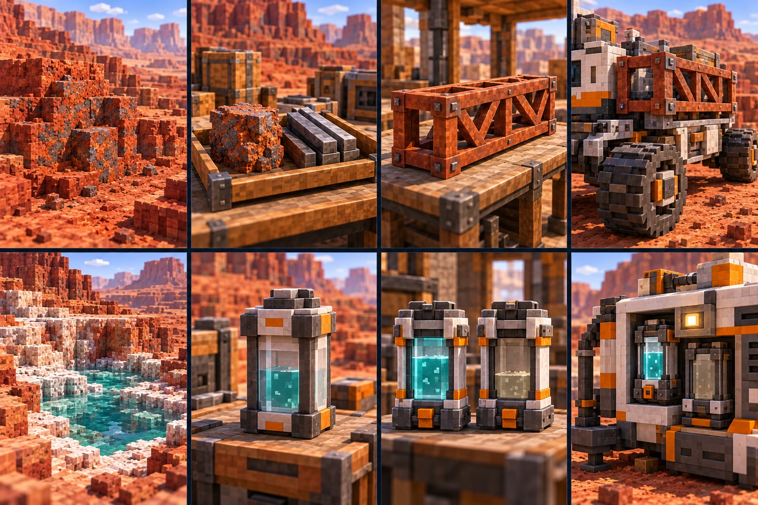 Familiar rusty mineral-bearing Mars host rock in a dry stepped landscape.; Rusty mineral specimen beside separate common structural bars in a finite tray.; Clearly fabricated reddish lattice member with bolted joints and open diagonal bracing.; Removable lattice cargo-rack corner attached to an ordinary earlier rover frame.; Mineral brine pool bounded by pale/rust Mars scarp rock, with no life mat shown.; Finite brine held in a closed sample vessel with a visible level.; Matching cartridge pair: active full cyan supply and a visibly depleted pale spent contents state.; One active cartridge installed in a compact service unit beside a separate depleted cartridge holder.