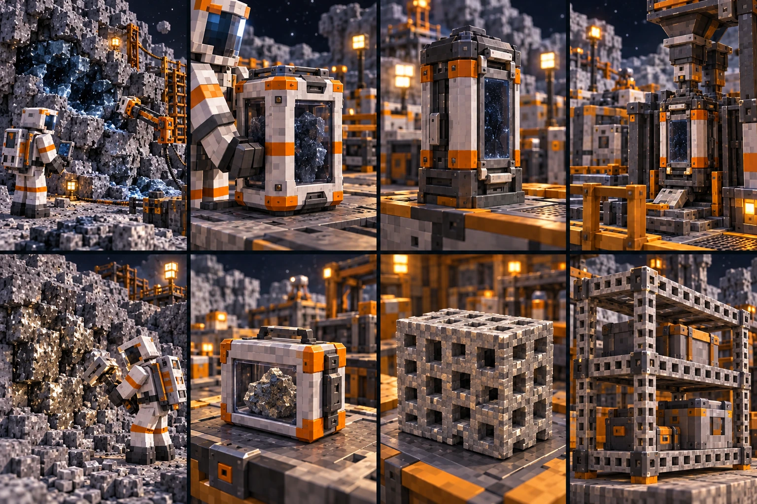 Suited Minecraft worker inspects a dark ice pocket with earlier containment apparatus on Ceres.; Dark finite ice specimen held in a closed transport container.; Compact prepared concentrate storage module with a contained dark fill region.; Storage module docked in one supported industrial feedstock service point.; Nickel-bearing rocky Ceres source inspected by a suited worker.; Finite metal-bearing fragment inside a closed carried container.; Prepared open porous matrix block with broad square holes.; Manufactured open matrix members form an ordinary supported cargo rack.