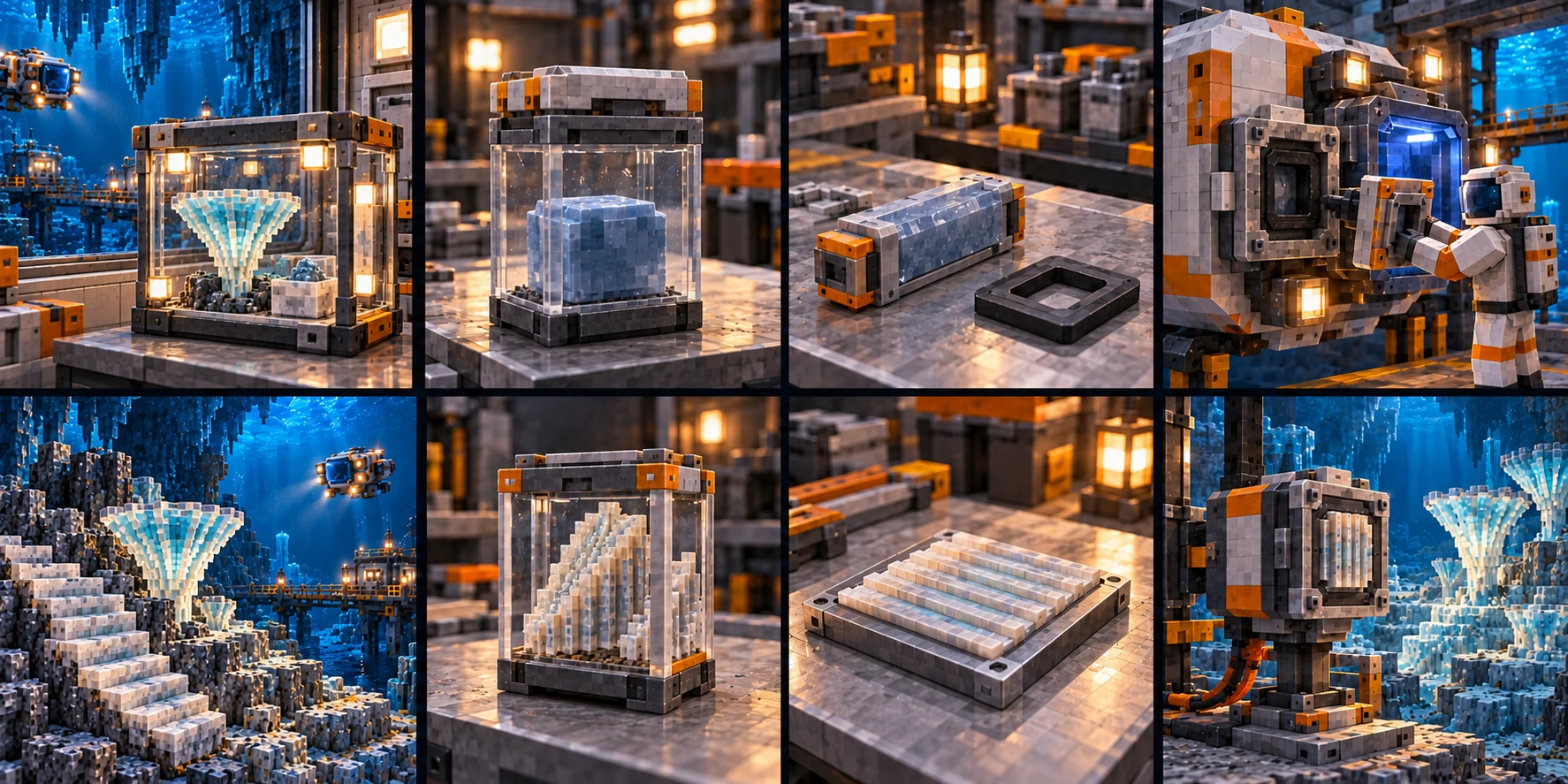 A small pale/teal stationary cup-fan source and separate finite collection cup sit inside a closed glazed enclosure on an imported protected bench.; A plain finite blue-grey gel portion is sealed inside a square sample jar.; Prepared blue-grey cartridge and separate dark gasket rest on a practical workbench.; Suited worker handles a compatible cold-service connector at the supported submersible service position.; A distinct stepped nonliving pale ribbed lamina lies in front of retained pale/teal cup-fan colonies on dark mineral support.; Finite ribbed mineral specimen in a closed carrier.; Refined ribbed sensor element on a flat mounting plate.; Square acoustic housing mounted at an anchored observation point beside the retained colony context.