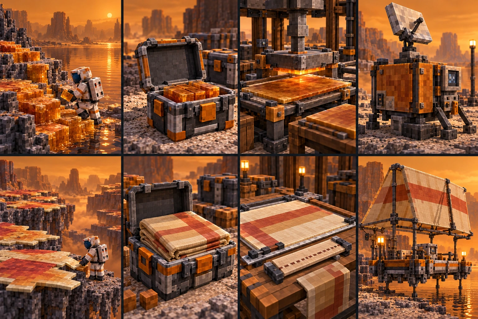 Suited worker collects finite amber chemical-source stock at a Titan shore.; Amber feed pieces inside an open protective transport case.; A flat amber polymer sheet at a practical forming/curing station.; Amber-brown panel encloses a local supported field instrument.; Suited worker approaches an established broad Titan pad/sheet margin while larger source areas remain intact.; Folded broad membrane stock in a protective case.; Prepared patterned membrane sheet and separate seam sample on a workshop frame.; A fabricated envelope section held in a local supported service structure above a platform.
