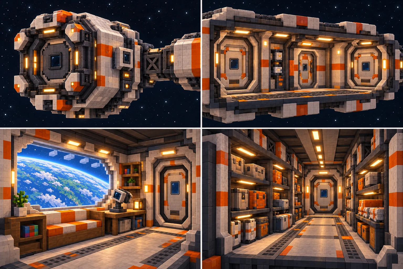 Docking collar: closed hatch, capture structure and separate service fittings. Pressure-transfer corridor: a clear transfer volume between closed boundaries; presentation cutaway. Window room: an ordinary place to observe, rest and keep selected records. Storage spine: finite retained cargo beside a clear aisle and capped end.