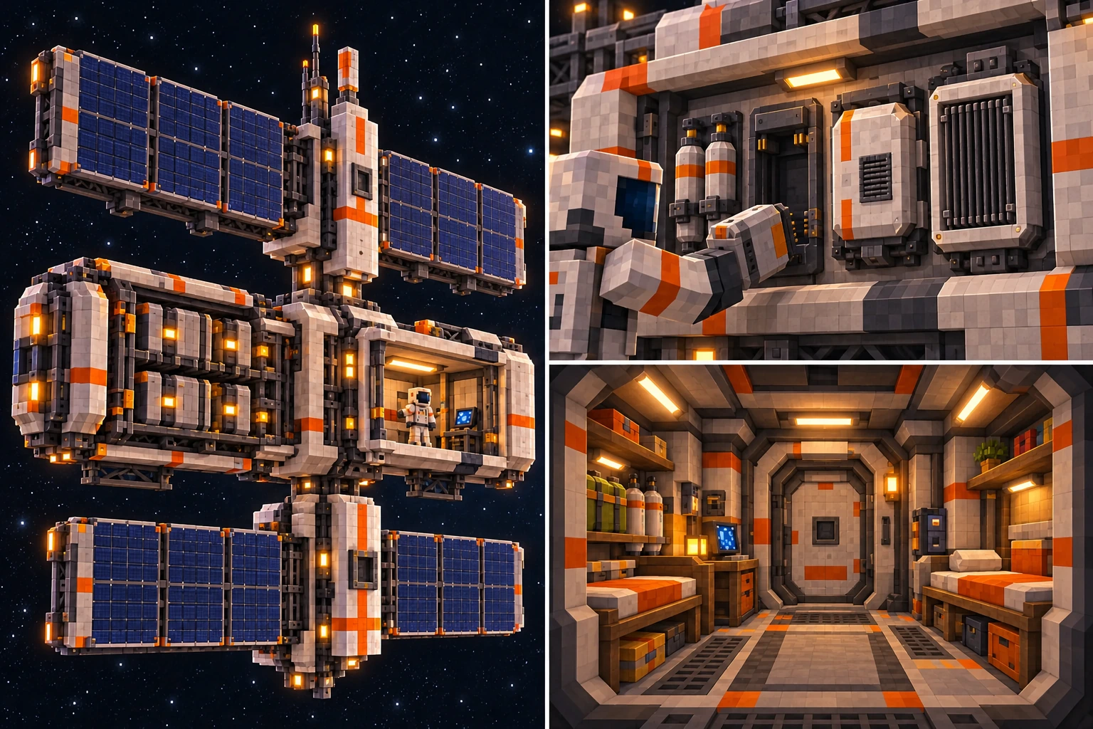 Left: fixed solar structure, finite storage bank and an explanatory module cutaway. Upper right: a suited worker removes a cartridge beside distinct gas and thermal-service forms. Lower right: a closed refuge has retained supplies, local controls and a clear aisle; pictured bunks do not establish a passenger rating.