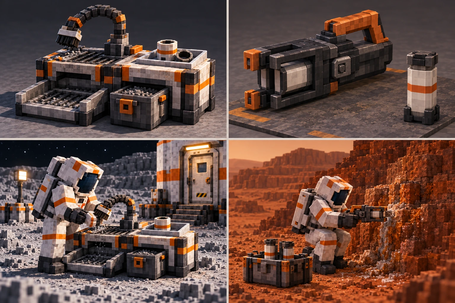 Upper left: complete dust bench with collection box, brush hose and separate clean tray. Lower left: brushing a removed spare cuff; the worn suit remains intact beside the closed lunar refuge. Upper right: protected brine sampler with its removable capped cartridge. Lower right: a small geological seep sampled with the sleeve while capped specimens remain secured nearby.