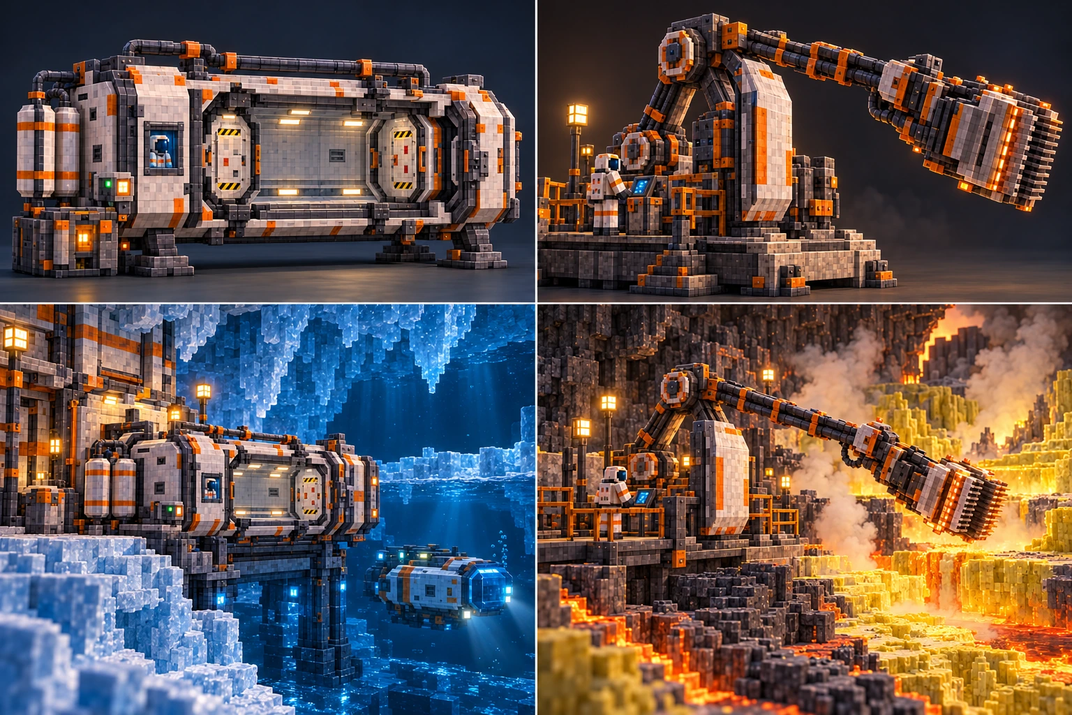 Upper left: lock transfer volume between two closed end boundaries, shown in cutaway. Lower left: installation cutaway beside the dock; the submersible remains outside. Pressure-cycle logic is defined separately. Upper right: exchanger arm with protected conduits, jointed structure and a finned head. Lower right: the same arm works toward a bounded thermal channel while the operator stays on the protected side.