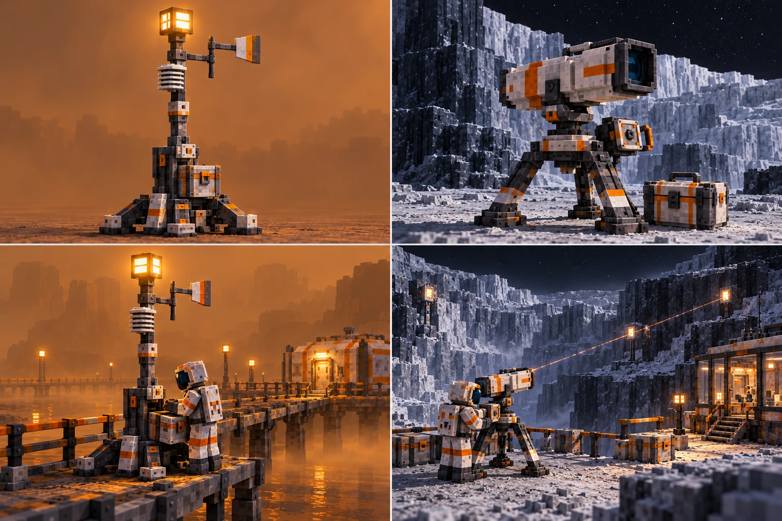 Upper left: beacon lamp, sensor shelter, vane, stable base and local power service. Lower left: a fully enclosed explorer services the beacon beside a raised Titan route and a closed refuge. Upper right: angular optical instrument, manual alignment housing, stable stand and retained calibration case. Lower right: alignment toward discrete fixed points from a prepared Pluto platform; the thin line is an explanatory alignment cue.