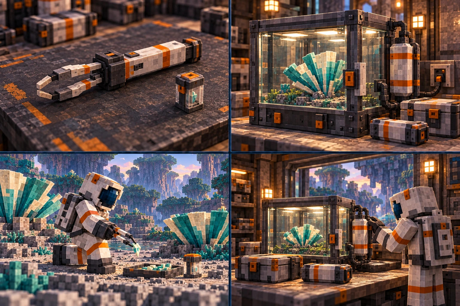 Upper left: blunt paired sampling tips with a protective collar and capped carrier. Lower left: a suited explorer retrieves one loose fragment while established colonies remain intact. Upper right: a closed glass-faced enclosure retains one pale/teal specimen, local lighting, a bounded tray and conventional services. Lower right: the same enclosure is serviced from outside its closed chamber in the Conservatory.