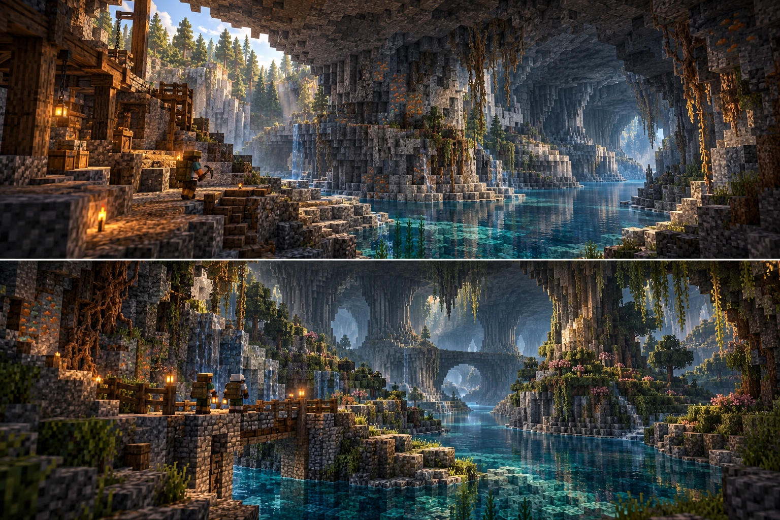 Upper: daylight and a worked quarry ledge overlap root-bearing gray stone, pale mineral shelves and the Shallows waterway. Lower: a repaired dry crossing reaches a living cavern while water, rock and retained vegetation continue across the transition.