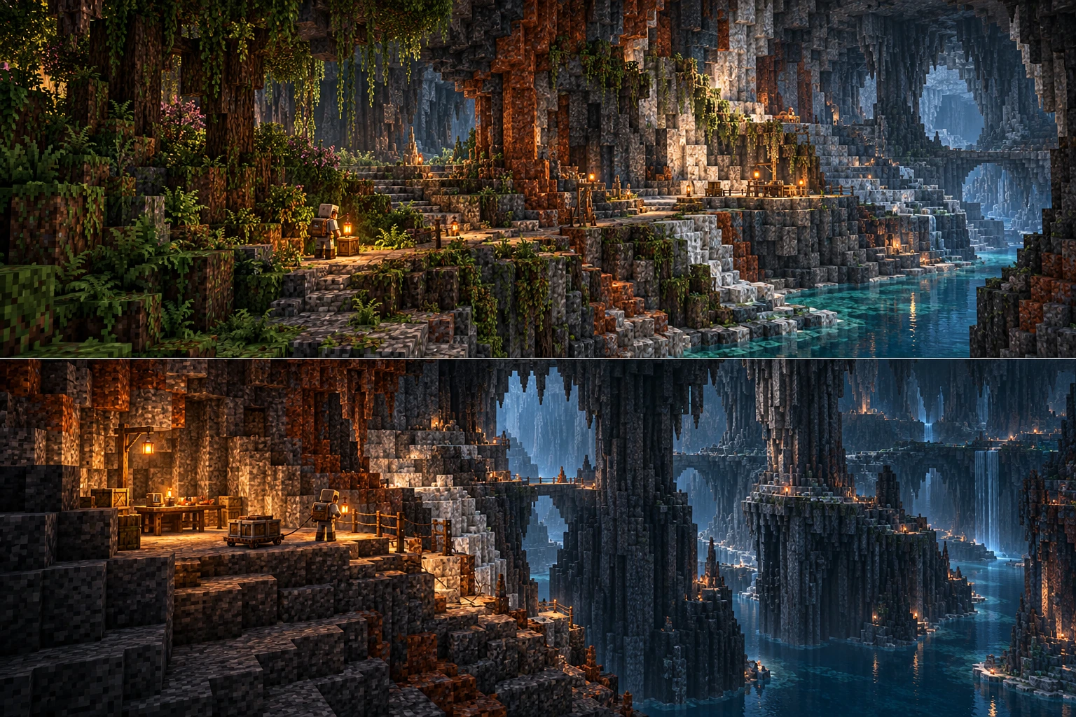 Upper: roots and understory remain in sheltered pockets as exposed mineral ribs and shelves become dominant along the same route. Lower: an Underreach working landing reaches dark Abyss columns, visible water and a supported descent; the prepared return remains legible.